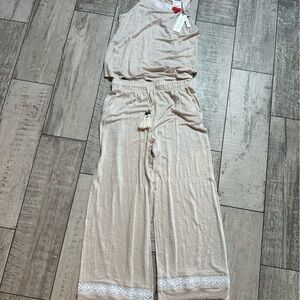 Rachel Zoe Cream Lace-Trim Lounge Jumpsuit